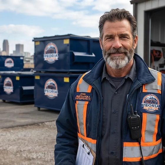 John of Peoria Dumpster Pros in a high-visibility vest with a clipboard beside the roll-off containers