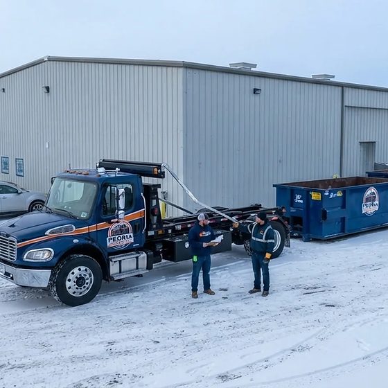 Peoria Dumpster Pros roll-off containers and a truck with the crew