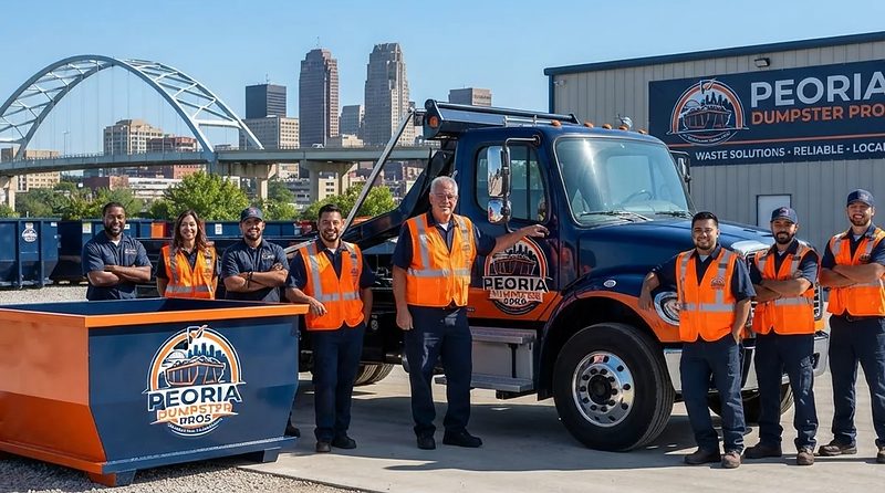 The Peoria Dumpster Pros truck and crew with a roll-off container