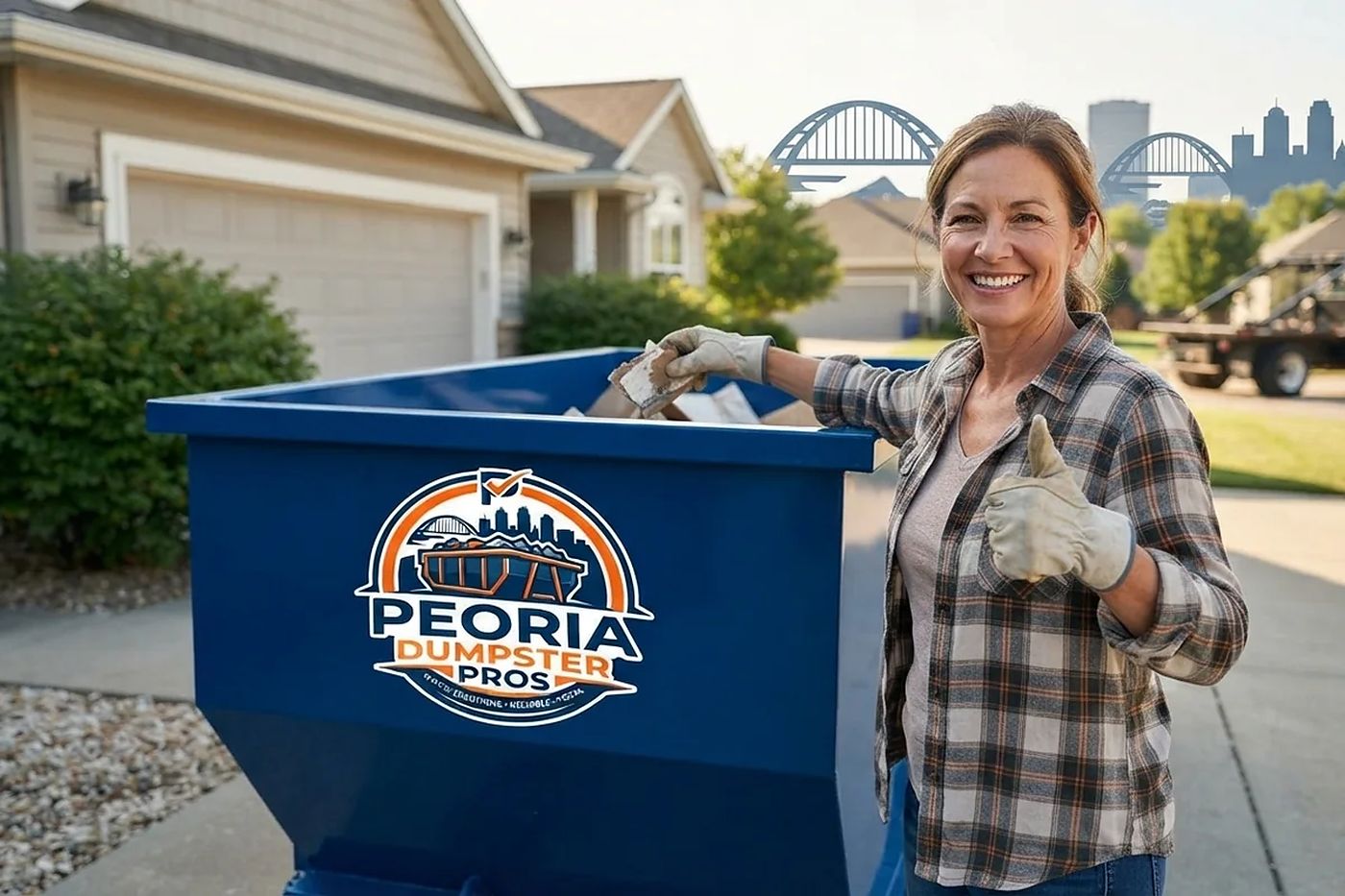 A Peoria homeowner giving a thumbs-up beside her Peoria Dumpster Pros roll-off container on the driveway