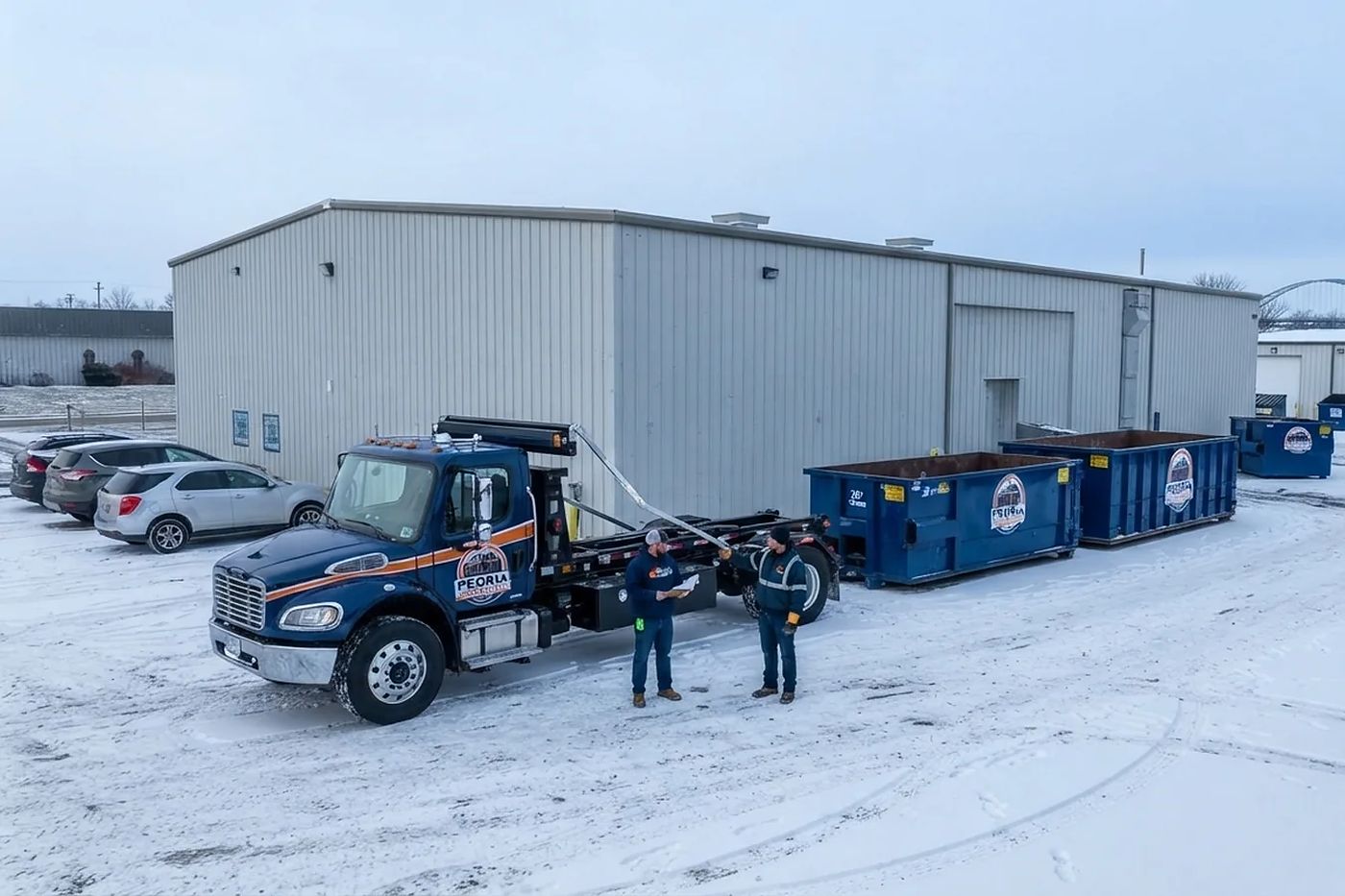 Peoria Dumpster Pros roll-off containers and a truck with the crew