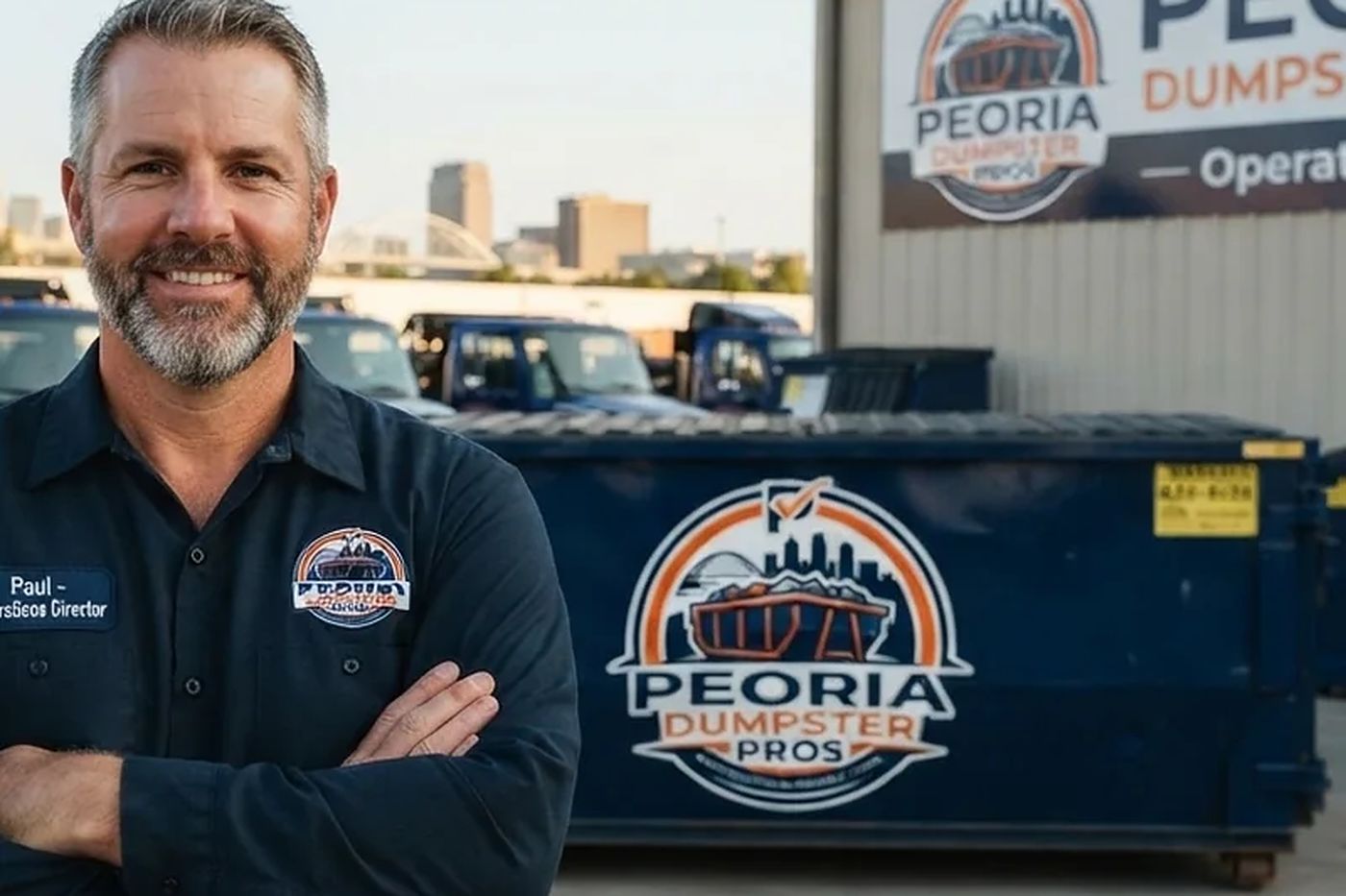 Paul of Peoria Dumpster Pros beside a roll-off container