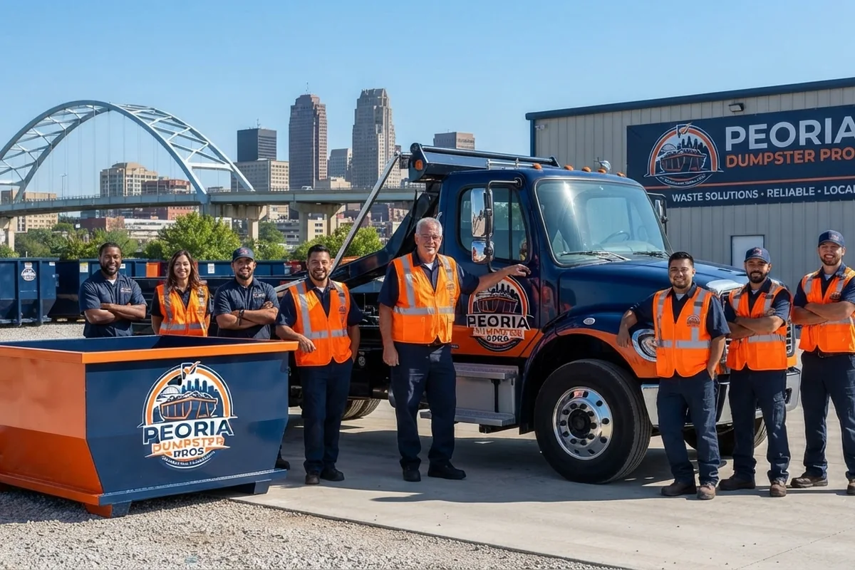 The Peoria Dumpster Pros crew with a roll-off dumpster and delivery truck in Peoria